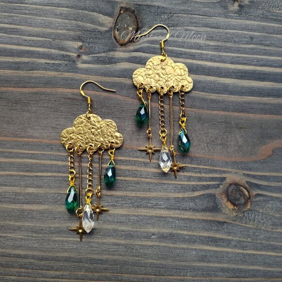 Summer Showers Green & Clear Crystal Cloud Whimsical Chandelier Earrings Stars - Picture 4 of 4